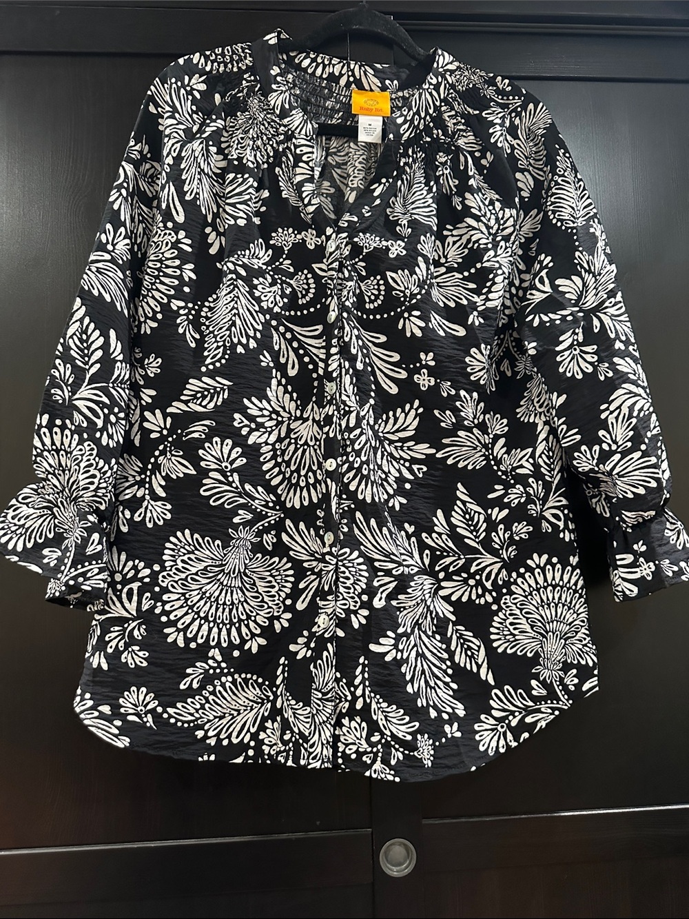 Ruby Rd. Black & White Floral Button-Front Tunic Blouse